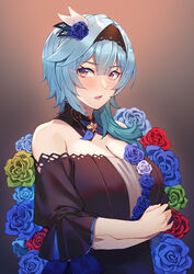  absurdres arms_under_breasts bare_shoulders black_dress black_hairband blue_flower blue_hair blue_rose blush breasts cleavage crossed_arms detached_collar dress eula_(genshin_concert)_(genshin_impact) eula_(genshin_impact) female floral_background flower flower_ornament genshin_impact gradient_background green_flower green_rose hair_ornament hairband highres kimi_tsuru large_breasts medium_hair off-shoulder_dress off_shoulder official_alternate_costume open_mouth orange_eyes purple_eyes red_flower red_rose rose sidelocks solo two-tone_eyes upper_body 