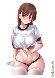  bikini biting_own_lip blush breasts brown_eyes brown_hair collarbone commentary ebifurya female green_bikini hair_between_eyes highres kantai_collection large_breasts looking_at_viewer navel one-hour_drawing_challenge ooi_(kancolle) puffy_short_sleeves puffy_sleeves shirt shirt_tug short_sleeves simple_background skindentation solo sweat swimsuit thighhighs thighs twitter_username underboob white_background white_shirt white_thighhighs 