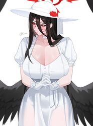  absurdres black_hair black_wings blue_archive blush breasts choker cleavage collarbone commentary cosplay cowboy_shot ddog dress feathered_wings female hair_between_eyes halo hasshaku-sama hasshaku-sama_(cosplay) hasumi_(blue_archive) hat highres large_breasts long_hair long_hair_between_eyes red_eyes red_halo see-through see-through_dress simple_background solo very_long_hair white_background white_choker white_dress white_hat wings 