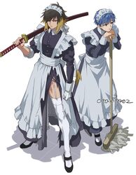  2boys albel_nox alternate_costume apron artist_name black_dress black_footwear blonde_hair blue_hair brown_hair clenched_hand closed_mouth crossdressing dress enmaided fayt_leingod garter_straps gloves green_eyes hair_ornament holding holding_mop holding_sword holding_weapon indesign leaning_on_object looking_at_viewer looking_to_the_side maid maid_apron maid_headdress male_focus mary_janes mop multicolored_hair multiple_boys over_shoulder red_eyes sheath sheathed shoes short_hair simple_background single_glove sleeves_rolled_up star_ocean star_ocean_till_the_end_of_time sword sword_over_shoulder thighhighs torn_clothes torn_dress two-tone_hair weapon weapon_over_shoulder white_gloves white_thighhighs 