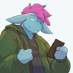  1:1 anthro black_clothing black_shirt black_topwear blue_body blue_scales cellphone clothed clothing dragon electronics green_clothing green_eyes green_jacket green_topwear hair hi_res holding_object holding_phone jacket jeph_(jephhhad) jephhhad looking_at_object looking_at_phone low-angle_view male mythological_creature mythological_scalie mythology overweight overweight_anthro overweight_male phone purple_hair scales scalie shirt smartphone snout solo topwear 