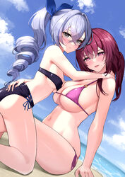  2girls absurdres alternate_costume bikini blue_sky blush breasts commentary drill_hair dutch_angle grey_eyes grey_hair highres honkai:_star_rail honkai_(series) kafka_(honkai:_star_rail) large_breasts long_hair looking_at_viewer marumai multiple_girls navel ocean purple_bikini purple_eyes purple_hair sideboob silver_wolf_(honkai:_star_rail) sky small_breasts smile stomach strapless strapless_bikini swimsuit underboob 