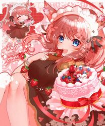  animal_ears blue_eyes border breasts brown_dress cake cat_ears cat_girl chibi commentary commission dress english_commentary facial_mark feet_out_of_frame female final_fantasy final_fantasy_xiv food fruit highres holding holding_food knees_up large_breasts leaning_back long_hair maid_headdress multiple_views oonohara_kenya original pink_background ponytail red_hair sidelocks signature skeb_commission strawberry thank_you warrior_of_light_(ff14) 