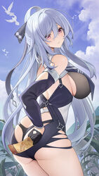  alternate_costume ass bare_shoulders bird black_gloves black_panties blush breasts catsmoon closed_mouth day female from_behind gloves grey_hair hair_between_eyes hair_ornament highres holding honkai:_star_rail honkai_(series) jingliu_(honkai:_star_rail) large_breasts leotard long_hair long_sleeves looking_at_viewer looking_back outdoors panties purple_eyes signature solo thighs underwear 