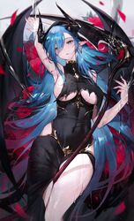  absurdres armpits azur_lane black_dress black_horns black_wings blue_eyes blue_hair breasts covered_navel demon_wings dress female flower halloween_costume highres hip_vent horns large_breasts long_bangs long_hair looking_at_viewer mary_celeste_(azur_lane) mary_celeste_(grim_night&#039;s_reaper)_(azur_lane) official_alternate_costume parted_lips pointy_ears qiandaiyiyu red_flower red_rose rose scythe solo torn_clothes torn_dress wet wings 