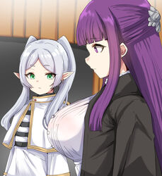  2girls blunt_bangs breasts capelet closed_mouth dress earrings elf fern_(sousou_no_frieren) frieren girl_staring_at_guy&#039;s_chest_(meme) green_eyes grey_hair highres huge_breasts jewelry long_hair looking_at_breasts machismo_fuji meme multiple_girls parted_lips pointy_ears purple_eyes purple_hair sidelocks sousou_no_frieren three_quarter_view twintails white_capelet white_dress 