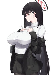  black_hair black_pantyhose black_skirt blue_archive breasts closed_mouth cowboy_shot female hair_ornament hairpin halo highres huge_breasts long_hair long_sleeves makkurourufu pantyhose pleated_skirt red_eyes rio_(blue_archive) simple_background skirt solo suit sweater white_background white_sweater 