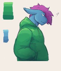  anthro blue_body blue_scales clothed clothing dragon green_clothing green_eyes green_hoodie green_topwear hair half-closed_eyes hand_in_pocket hi_res hoodie jeph_(jephhhad) jephhhad male mouth_closed mythological_creature mythological_scalie mythology narrowed_eyes pockets purple_hair question_mark scales scalie side_view snout solo topwear 