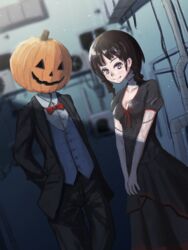  1boy absurdres black_dress black_jacket black_pants bow bowtie breasts brown_eyes brown_hair cleavage closed_mouth collared_shirt dress female grey_vest halloween highres industrial_pipe jack-o&#039;-lantern_head jacket medium_hair okura_lino original pants red_bow red_bowtie shirt smile stitches suit_jacket vest white_shirt 