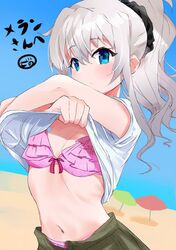  beach bikini blue_eyes blue_sky blush breasts charlotte_(anime) cleavage closed_mouth commentary_request commission crossed_arms day expressionless female frilled_bikini frills grey_hair hair_between_eyes hands_up long_hair looking_at_viewer medium_breasts navel outdoors pink_bikini ponytail ribs shirt short_sleeves sidelocks signature skeb_commission sky solo stomach swimsuit swimsuit_under_clothes tomori_nao undressing upper_body wavy_hair white_shirt zenoo 