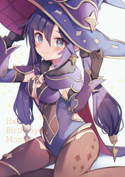  black_hair blue_eyes blue_leotard blush bodystocking breasts cape choker cleavage cleavage_cutout closed_mouth clothing_cutout earrings female fur_collar genshin_impact gold_trim hair_ornament happy_birthday hat hat_ornament highleg highleg_leotard highres jewelry kneeling leotard long_hair mona_(genshin_impact) pantyhose purple_cape purple_hat purple_leotard shirase_(shirose) small_breasts smile solo sparkle_print star_(symbol) star_choker star_earrings thighlet twintails witch witch_hat 