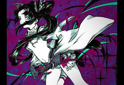  abstract_background aqua_eyes armor breast_curtains breasts commentary_request covered_mouth cowboy_shot fate/grand_order fate_(series) feather_hair_ornament feathers female floating_hair foot_up from_side gloves hair_ornament hair_over_mouth hand_on_hilt japanese_armor katana kusazuri letterboxed limited_palette long_sleeves looking_at_viewer navel purple_background red_background revealing_clothes ringed_eyes sheath sheathed showgirl_skirt side_ponytail solo sparkle standing standing_on_one_leg stomach sword two-tone_background underboob ushiwakamaru_(fate) weapon wide_sleeves yamakita_higashi 