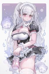  black_skirt breasts cleavage commentary cutout_above_navel earrings female garter_straps ghost grey_hair highres jewelry lantern large_breasts long_hair looking_at_viewer maid maid_headdress original pink_eyes puffy_short_sleeves puffy_sleeves short_sleeves skirt solo thighhighs thighs twintails voruvoru white_thighhighs wrist_cuffs 