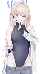  absurdres black_gloves black_leotard blonde_hair blue_archive blue_eyes blue_halo blush breasts closed_mouth cowboy_shot female fingerless_gloves gloves grey_pants halo headset highres hojiro_same jacket leotard long_hair long_sleeves looking_at_viewer medium_breasts pants simple_background solo toki_(blue_archive) white_background white_jacket 