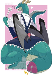  blue_dress border breasts closed_eyes dragon_girl dragon_wings dress female frills from_behind furry furry_female heart highres holding holding_ladle horns huge_breasts kobayashi-san_chi_no_maidragon ladle maid_headdress music musical_note outline outside_border semiotto severed_tail sharp_teeth singing solo teeth tohru_(dragon)_(maidragon) tohru_(maidragon) white_border white_outline wings 