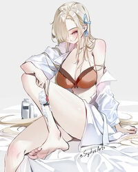  arm_support armpit_crease asuna_(blue_archive) bare_legs barefoot bed_sheet blonde_hair blue_archive blue_ribbon bra breasts eyelashes feet female foot_out_of_frame grey_background hair_over_one_eye hair_ribbon huge_breasts knee_up lace-trimmed_bra lace_trim legs long_hair long_sleeves off_shoulder open_clothes open_shirt parted_bangs red_bra ribbon shaving_leg single_bare_shoulder sitting smile soles solo sydus thighs toenails toes twitter_username underwear 