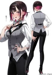  black_choker black_footwear black_hairband black_nails black_necktie black_pants breasts brown_hair butler chigusa_minori choker cleavage collared_shirt colored_inner_hair commentary_request corrupted_twitter_file dress_shirt female female_butler gradient_nails grey_vest hairband hand_on_own_hip high_heels highres legs_apart looking_at_viewer medium_breasts multicolored_hair multiple_views necktie one_side_up open_mouth pants purple_eyes purple_hair purple_nails shino_to_ren shirayuki_ren shirt short_hair simple_background standing sweatdrop tomboy translated twitter_username vest white_background white_shirt 