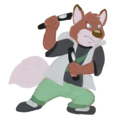  2023 4_fingers anthro biped blue_eyes bottomwear brok_the_investigator brown_body canid canine canis clothing cowcat_games dee_silver dingo fingers hoodie mammal mandofeovg pants shirt simple_background solo topwear weapon white_background 