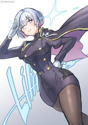  +_+ aiguillette arm_up black_cape black_dress black_pantyhose blue_eyes breasts buttons cape character_name closed_mouth colored_inner_hair commentary_request covered_navel cowboy_shot double-breasted dress earrings female floating_cape gloves goddess_of_victory:_nikke grey_hair hair_between_eyes hand_on_own_hip highres jewelry large_breasts liliweiss_(nikke) looking_at_viewer multicolored_hair pantyhose pink_hair salute sidelocks smile solo sparkle standing star-shaped_pupils star_(symbol) symbol-shaped_pupils takeclaire tight_clothes tight_dress twitter_username two-tone_hair white_gloves 