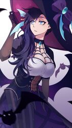  alternate_costume bat_(animal) bat_wings black_hair blue_eyes braid breasts burn_the_witch cleavage commentary dress elbow_gloves expressionless female gloves gradient_background hair_ornament halloween_costume hand_on_headwear hat highres jewelry large_breasts long_hair niihashi_noel parted_lips pendant purple_dress purple_hat ribbon see-through see-through_cleavage side_ponytail solo sumire_1046 wings witch witch_hat 