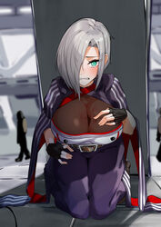  2others absurdres asymmetrical_gloves blue_eyes blush boots breasts brown_footwear cleavage cloak commission ert_raitsui female fingerless_gloves girls&#039;_frontline gloves grey_hair hair_over_one_eye hand_up highres indoors large_breasts looking_at_viewer mg5_(girls&#039;_frontline) multiple_others open_mouth pants purple_pants see-through seiza sitting skeb_commission slit_pupils solo_focus spread_cleavage striped_clothes striped_gloves 