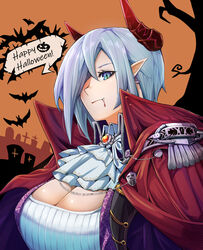  ascot blood blood_on_face blue_eyes breasts cape cleavage commentary_request earrings english_text female girls&#039;_frontline grey_hair griffin_&amp;_kryuger hair_over_one_eye halloween happy_halloween high_collar highres horns huge_breasts ichi_illust001 jewelry looking_at_viewer mg5_(girls&#039;_frontline) oerba_yun_fang pointy_ears red_cape shirt smile solo upper_body white_ascot white_shirt 