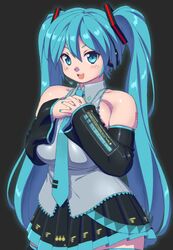  :d alternate_breast_size aqua_eyes aqua_hair aqua_nails aqua_necktie bare_shoulders black_background breasts breasts_squeezed_together collared_shirt commentary_request cowboy_shot curvy detached_sleeves elbow_gloves female gloves gradient_background grey_shirt hair_ornament hands_on_own_chest hatsune_miku headphones headset highres huge_breasts long_hair looking_at_viewer mage_(harumagedon) microphone miniskirt nail_polish necktie open_mouth own_hands_together pectorals pleated_skirt plump shirt simple_background skindentation skirt sleeveless sleeveless_shirt smile solo teeth thick_arms twintails upper_teeth_only very_long_hair vocaloid zettai_ryouiki 