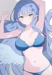  absurdres blue_archive blue_bra blue_hair blue_panties blue_wings blush bra braid breasts chinese_commentary closed_mouth collarbone cowboy_shot feathered_wings female green_eyes hair_spread_out highres jyt large_breasts long_hair looking_at_viewer mine_(blue_archive) navel panties pointy_ears single_braid solo underwear underwear_only very_long_hair wings 