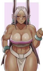  abs animal_ears artist_name bare_shoulders blush boku_no_hero_academia border bracelet breasts chel_(the_road_to_el_dorado) chel_(the_road_to_el_dorado)_(cosplay) cleavage clenched_hand collarbone commentary cosplay dark-skinned_female dark_skin earrings english_commentary female gud0c hand_on_own_hip hand_up highres jewelry large_breasts loincloth long_eyelashes long_hair looking_at_viewer mayan_clothes mirko navel paid_reward_available parted_bangs pelvic_curtain pink_background pink_tube_top rabbit_ears rabbit_girl raised_eyebrow red_eyes solo stomach strapless the_road_to_el_dorado thick_thighs thighs toned tube_top very_long_hair white_border white_hair white_loincloth 