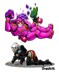  1boy adepta_sororitas adeptus_astartes armor artist_name ass blue_flower bouquet bow box box_of_chocolates breasts chaos_(warhammer) chaos_space_marine commentary condom constricted_pupils crawling dated elbow_drop english_commentary falling female flirting flower full_armor fuze_elbow_dropping_a_hostage_(meme) gold_trim grin heart heart-shaped_box heart-shaped_eyes high_heels holding holding_bouquet large_breasts medium_hair meme mohawk motion_blur noise_marines pauldrons pink_armor pink_bow pink_ribbon pinky_out plant power_armor purity_seal purple_bow purple_hair purple_ribbon ribbon scared shoulder_armor simple_background skeenlangly smile sweatdrop teeth thighhighs vines warhammer_40k white_background white_hair 