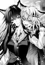  2girls absurdres animal_ear_fluff animal_ears arknights ascot bite_mark bite_mark_on_neck breasts collared_shirt fangs fingerless_gloves gloves greyscale hair_between_eyes hand_grab hand_on_another&#039;s_cheek hand_on_another&#039;s_face hand_up highres holding_hands interlocked_fingers jacket jacket_on_shoulders lappland_(arknights) long_hair long_sleeves looking_at_another looking_at_viewer medium_breasts messy_hair monochrome multiple_girls open_mouth pillar scar scar_across_eye senju_yosiyuki shirt smile smug sweat teeth texas_(arknights) texas_the_omertosa_(arknights) tongue upper_body v-shaped_eyebrows vest wolf_ears wolf_girl wolf_print yuri 