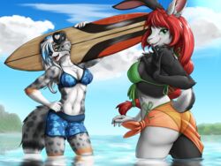  2023 4:3 alternate_version_at_source anthro ass athletic australian_shepherd big_breasts bikini blizzmaster blue_highlights breasts buckteeth butt_pose canid canine canis carol_(shepherdpup) chest_tuft clothing day digital_media_(artwork) domestic_dog domestic_rabbit duo female floral_pattern fur gesture green_eyes grey_body grey_fur hair hand_on_hip harlequin_rabbit heart_(marking) herding_dog highlights_(coloring) inner_ear_fluff lagomorph leporid long_hair looking_at_viewer looking_back malea_(blizzmaster) mammal markings open_mouth orange_body orange_fur oryctolagus outside pastoral_dog pose rabbit rear_view red_hair sarong scut_tail sea sheepdog short_tail smile spots spotted_body spotted_fur surfboard swimming_trunks swimwear tail teeth tuft water waving white_body white_fur white_hair 