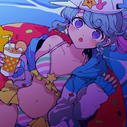  :o baseball_cap bikini blue_eyes blue_hair blush breasts cup disposable_cup doughnut_innertube drinking_straw dutch_angle earrings female hair_bun hands_up hat holding holding_cup hood hood_down hooded_jacket jacket jewelry looking_at_viewer multicolored_hair nail_polish navel nojima_minami open_clothes open_jacket open_mouth pinon_(pripara) pretty_series pripara small_breasts solo star_(symbol) star_earrings streaked_hair striped_bikini striped_clothes swimsuit water 