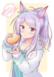  alternate_costume alternate_hairstyle animal_ears aqua_bow aqua_shirt blush border bow bread commentary_request ear_bow eating female food food_on_face grey_hoodie highres holding holding_food hood hood_down hoodie horse_ears horse_girl long_hair long_sleeves looking_at_viewer mejiro_mcqueen_(umamusume) melon_bread open_clothes open_hoodie ponytail purple_eyes purple_hair shirt shizuna_kaede simple_background solo umamusume upper_body white_border yellow_background 