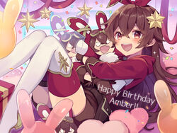  ! !! amber_(genshin_impact) baron_bunny_(genshin_impact) brown_eyes brown_hair character_name commentary_request female genshin_impact gloves hair_between_eyes happy_birthday highres long_hair long_sleeves looking_at_viewer open_mouth shirase_(shirose) shorts solo teeth thighhighs tongue 