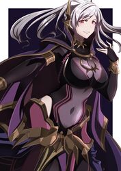  absurdres black_background border breasts bridal_gauntlets cape cleavage covered_navel dark_persona female fire_emblem fire_emblem_awakening fire_emblem_cipher fire_emblem_heroes grey_hair grima_(fire_emblem) grin hair_ornament highres large_breasts long_hair looking_at_viewer navel official_alternate_costume red_eyes robin_(female)_(fell_tactician)_(fire_emblem) robin_(female)_(fire_emblem) robin_(fire_emblem) see-through see-through_cleavage smile solo to_(tototo_tk) twintails white_border 