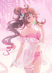  ahoge animal_ears arknights artist_name backlighting bikini breasts brown_hair candy cleavage cowboy_shot eyjafjalla_(arknights) eyjafjalla_(summer_flower)_(arknights) female food hair_rings highres holding holding_candy holding_food holding_lollipop horns huhv. lollipop long_hair looking_at_viewer navel nose off-shoulder_bikini off_shoulder official_alternate_costume palm_leaf pink_background pink_bikini pink_eyes plaid plaid_bikini sarong sheep_ears sheep_girl sheep_horns small_breasts smile solo stomach swimsuit very_long_hair white_sarong 