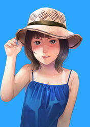  blue_camisole blunt_bangs blush brown_eyes brown_hair brown_hat camisole commentary_request female hand_up hat highres looking_at_viewer medium_hair original simple_background solo straw_hat sweat tongue tongue_out torii_yoshitsuna upper_body white_background 