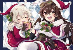  2girls absurdres ahoge alternate_costume amber_(genshin_impact) blonde_hair blush bow box brown_eyes brown_gloves brown_hair capelet christmas closed_eyes crossed_bangs dress english_commentary fur_trim genshin_impact gift gift_box gloves goggles goggles_on_head hair_between_eyes hat highres holly klee_(genshin_impact) long_hair looking_at_viewer low_twintails merry_christmas multiple_girls open_mouth pointy_ears pouch red_capelet red_dress santa_costume santa_hat shirase_(shirose) sidelocks simple_background thighhighs twintails vision_(genshin_impact) 