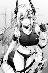  absurdres arknights armband armpit_crease bare_shoulders breasts collar cowboy_shot double-parted_bangs female greyscale hair_between_eyes hair_ornament highres horns infection_monitor_(arknights) jumpsuit large_breasts light_blush long_hair looking_at_viewer material_growth midriff monochrome mudrock_(arknights) mudrock_(elite_ii)_(arknights) navel oripathy_lesion_(arknights) panties parted_lips partially_undressed pointy_ears senju_yosiyuki skindentation solo sports_bra steaming_body sweat thighs underwear 