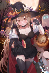  4girls alternate_costume amane_kanata animal_(nanashi_mumei) bare_tree black_dress black_gloves bow breasts brown_eyes brown_hair candy cleavage crescent crescent_hat_ornament crossed_bandaids crossed_bangs dress dual_persona food frilled_dress frills full_moon ghost gloves hair_ornament hairclip halloween halloween_bucket halloween_costume hat hat_ornament holding holding_candy holding_food holding_lollipop hololive hololive_english hololive_indonesia hootsie_(nanashi_mumei) jack-o&#039;-lantern kureiji_ollie lollipop long_hair monster moon mujinbensin multicolored_hair multiple_girls mumei_(song)_(hololive) nanashi_mumei night partially_fingerless_gloves ribbon streaked_hair thighhighs tokoyami_towa tongue tongue_out tree very_long_hair virtual_youtuber witch_hat 