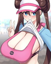  alternate_breast_size biting biting_clothes blue_eyes blush breasts brown_hair cleavage clothes_lift double_bun doughnut_hair_bun female hair_bun highres huge_breasts kurorettsu lifting_own_clothes looking_at_viewer pink_sports_bra poke_ball_print pokemon pokemon_bw2 rosa_(pokemon) sagging_breasts smile solo sports_bra twintails v visor_cap 