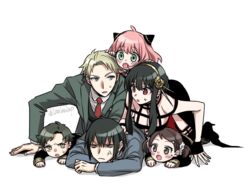  3boys 3girls anger_vein anya_(spy_x_family) becky_blackbell black_hair blonde_hair blue_eyes breasts brother_and_sister brown_eyes brown_hair cleavage commentary_request damian_desmond eden_academy_school_uniform father_and_daughter gold_hairband hair_ornament hair_scrunchie hairband hairpods husband_and_wife lanlanlap large_breasts lolicon mother_and_daughter multiple_boys multiple_girls necktie pink_hair red_eyes red_necktie school_uniform scrunchie shaded_face siblings sidelocks spy_x_family suit sweatdrop twilight_(spy_x_family) twintails twitter_username v-shaped_eyebrows yor_briar yuri_briar 