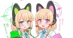  2girls alternate_breast_size animal_ear_headphones animal_ears blonde_hair blue_archive blue_necktie blush bow breasts cat_ear_headphones commentary fake_animal_ears green_bow green_eyes green_halo hairbow halo headphones looking_at_viewer midori_(blue_archive) momoi_(blue_archive) multiple_girls necktie open_clothes open_mouth open_shirt pink_eyes pink_halo red_bow sacha short_hair siblings simple_background sisters small_breasts smile symbol-only_commentary translated twins upper_body white_background 