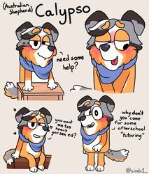  &lt;3_eyes anthro australian_shepherd bluey_(series) blush calypso_(bluey) canid canine canis desk dialogue domestic_dog female furniture heart herding_dog looking_at_viewer mammal pastoral_dog sheepdog simple_background sindr1 sitting sitting_on_bench solo table talking_to_viewer 