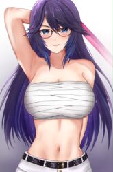  arm_up armpits arms_behind_back bandages bare_arms bare_shoulders belt black-framed_eyewear black_belt blue_eyes blush breasts chest_sarashi cleavage commentary_request female glasses gradient_background grey_background grin hair_between_eyes highres indie_virtual_youtuber kson large_breasts long_hair looking_at_viewer midriff mole mole_under_eye navel no_shirt purple_hair sarashi sleeptopi smile solo souchou stomach strapless tube_top upper_body very_long_hair virtual_youtuber white_background 