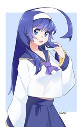  ahoge artist_name blue_background blue_eyes blue_hair blue_neckwear blue_sailor_collar blue_skirt breasts bright_pupils eyebrows_visible_through_hair female hairband hand_up highres huge_ahoge long_hair long_sleeves looking_at_viewer lyn_(shunao) orie_(under_night_in-birth) sailor_collar school_uniform serafuku simple_background skirt smile under_night_in-birth white_hairband white_pupils 