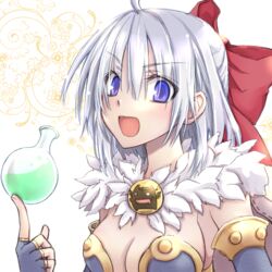  alchemist_(ragnarok_online) bad_id bad_pixiv_id balancing_on_finger blue_dress blue_eyes blue_gloves bow breasts brooch brown_cape cape cleavage commentary_request deviruchi dress elbow_gloves eyes_visible_through_hair female fingerless_gloves flask fur_collar gloves hair_between_eyes hairbow highres jewelry koizumi_(0w05070w0) long_hair looking_at_viewer medium_breasts open_mouth potion ragnarok_online red_bow round-bottom_flask solo strapless strapless_dress upper_body white_hair 