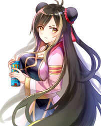  absurdres akusamu azur_lane breasts can cleavage cosplay costume country_connection energy_drink eutopia_(love_live!) female harbin_(azur_lane) highres holding holding_can homoto_akina idol_clothes large_breasts looking_at_viewer love_live! love_live!_nijigasaki_high_school_idol_club monster_energy multicolored_hair solo streaked_hair voice_actor_connection zhong_lanzhu zhong_lanzhu_(cosplay) 