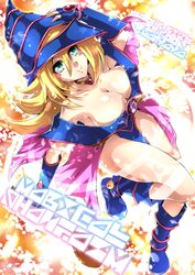  arm_up blonde_hair blue_eyes blue_footwear blue_gloves blush breasts choker cleavage closed_mouth dark_magician_girl duel_monster elbow_gloves female fingerless_gloves full_body gloves hair_between_eyes large_breasts long_hair mugicha_(sukimachaya) smile solo very_long_hair yu-gi-oh! 